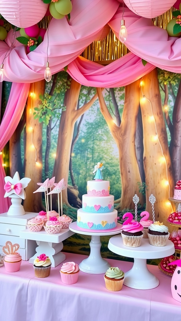 A beautifully decorated table for a fairy theme birthday party, showcasing colorful cupcakes and a cake with a whimsical backdrop.