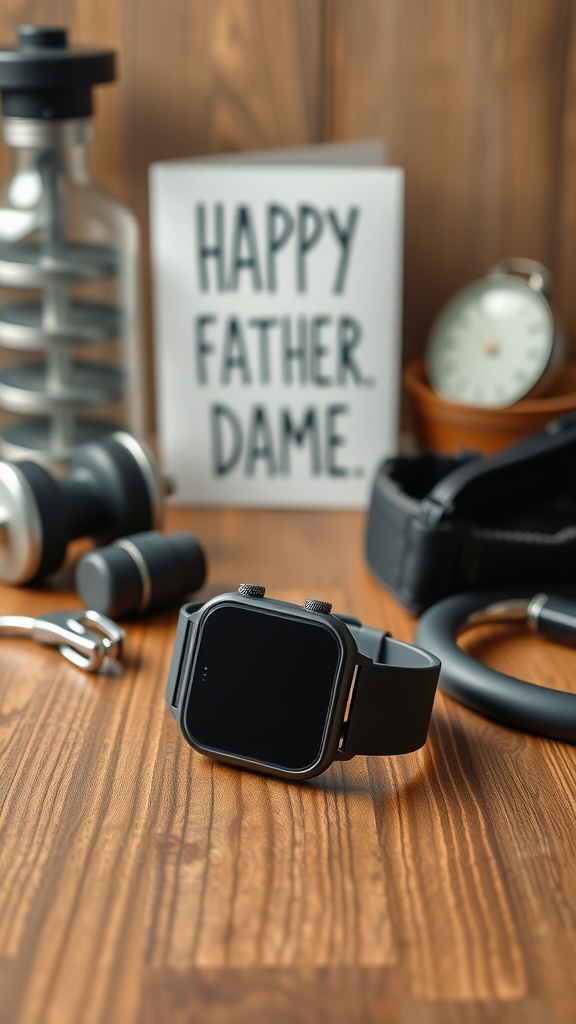 A fitness tracker on a wooden table with a water bottle, weights, and a card that says 'Happy Father’s Day'.