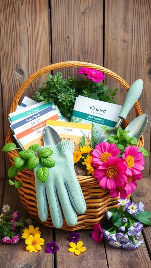 Gardening basket with seed packets, gloves, trowels, and colorful flowers.