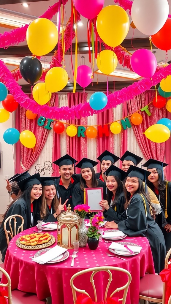 A vibrant graduation party setting with balloons, decorations, and graduates celebrating.