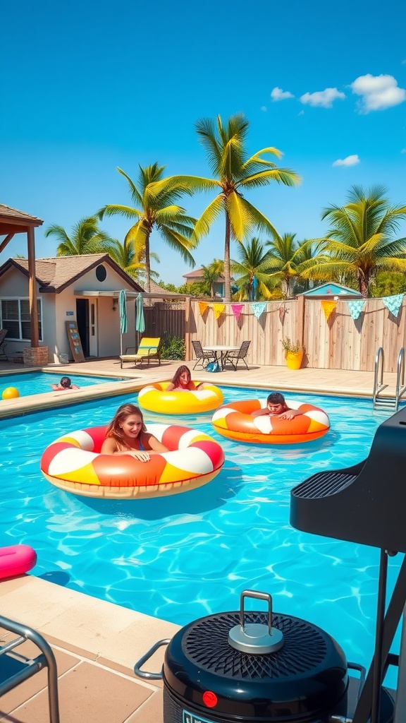Teens enjoying a pool party with colorful floaties and a sunny atmosphere.