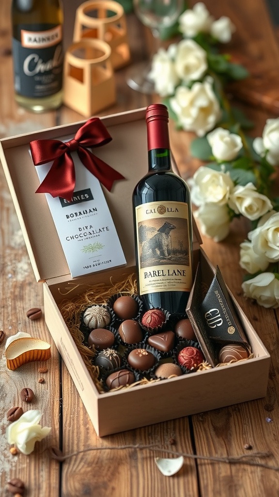 A beautifully arranged wine and chocolate pairing box featuring a bottle of wine and assorted chocolates.