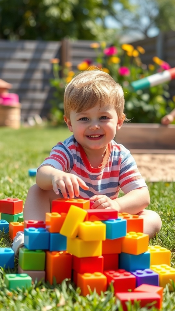 A cheerful toddler playing with colorful building blocks in a sunny garden