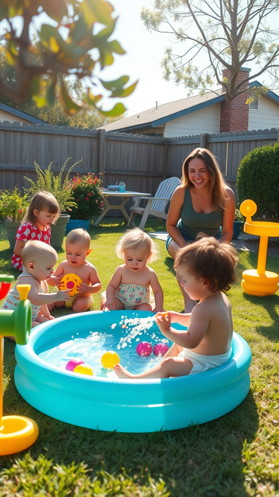 A group of toddlers playing with toys and a water table in a backyard.