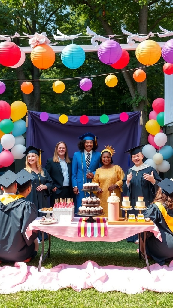 A vibrant outdoor grad party setup with graduates and colorful decorations.