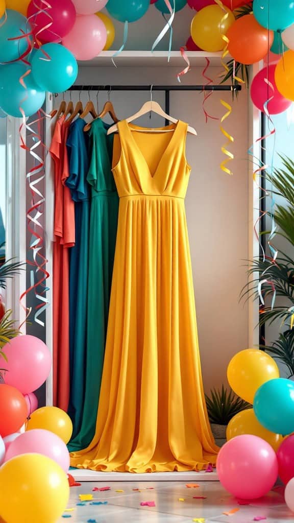 A vibrant yellow maxi dress displayed among colorful dresses and balloons for a birthday theme.