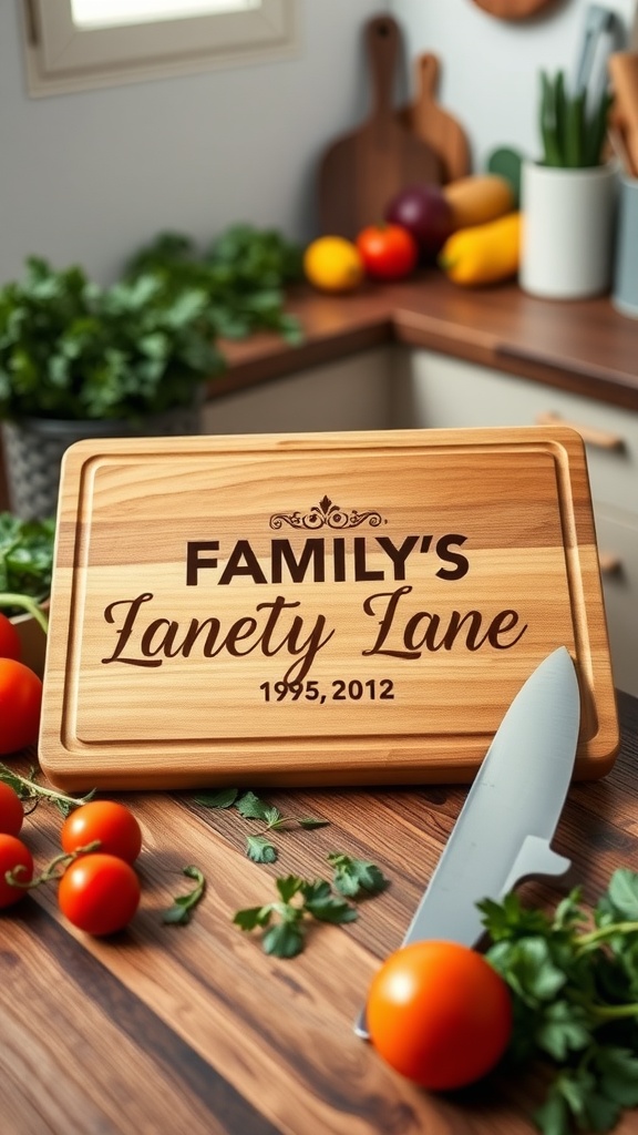 A wooden cutting board engraved with 'FAMILY'S Lanety Lane 1995, 2012' surrounded by fresh vegetables and herbs.