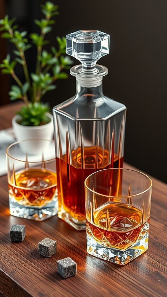 A whiskey decanter set with two glasses and decorative cubes.