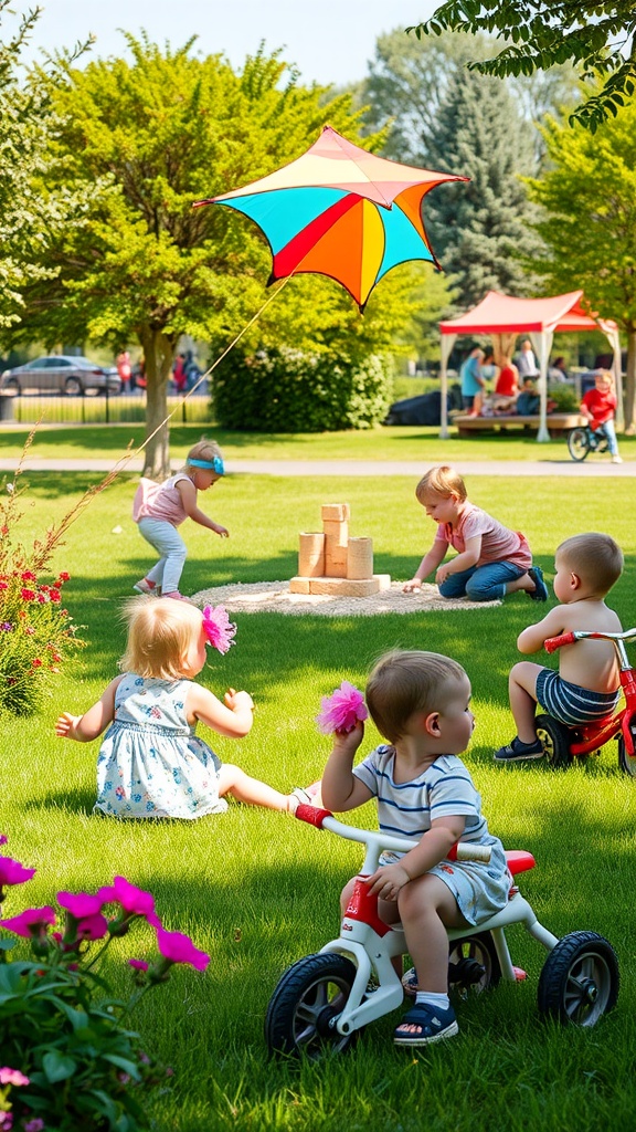 Toddlers playing outside on a sunny day with colorful activities.