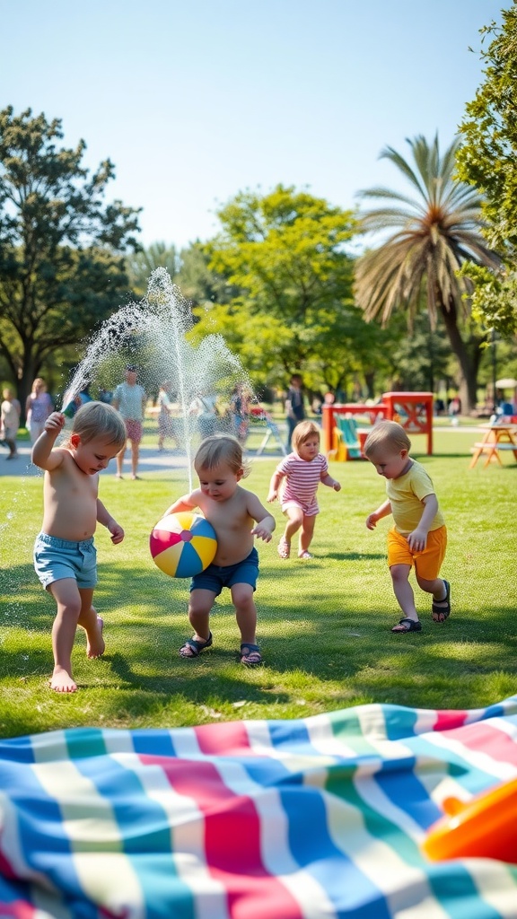 Toddlers playing with a beach ball and enjoying water play in a sunny park.