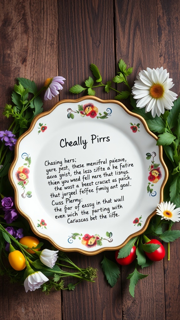 A decorative plate with handwritten text surrounded by fresh vegetables and flowers.