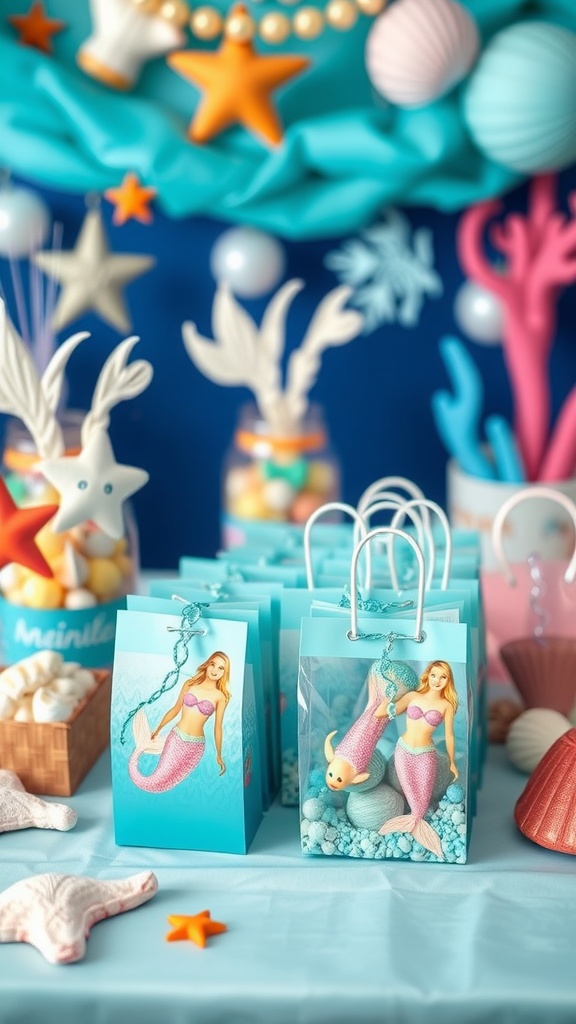 Colorful mermaid-themed return gift bags on a party table.