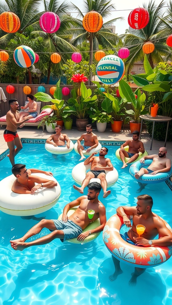 Group of men enjoying a pool party with colorful floaties and drinks.