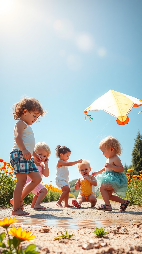 Group of toddlers playing outdoors on a sunny day with flowers and a kite.