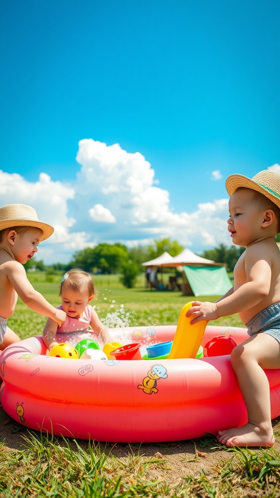 Three toddlers playing in an inflatable pool on a sunny day.