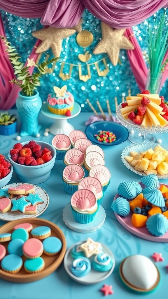 A vibrant display of mermaid-themed snacks including colorful cupcakes, fruit platters, and star-shaped cookies.