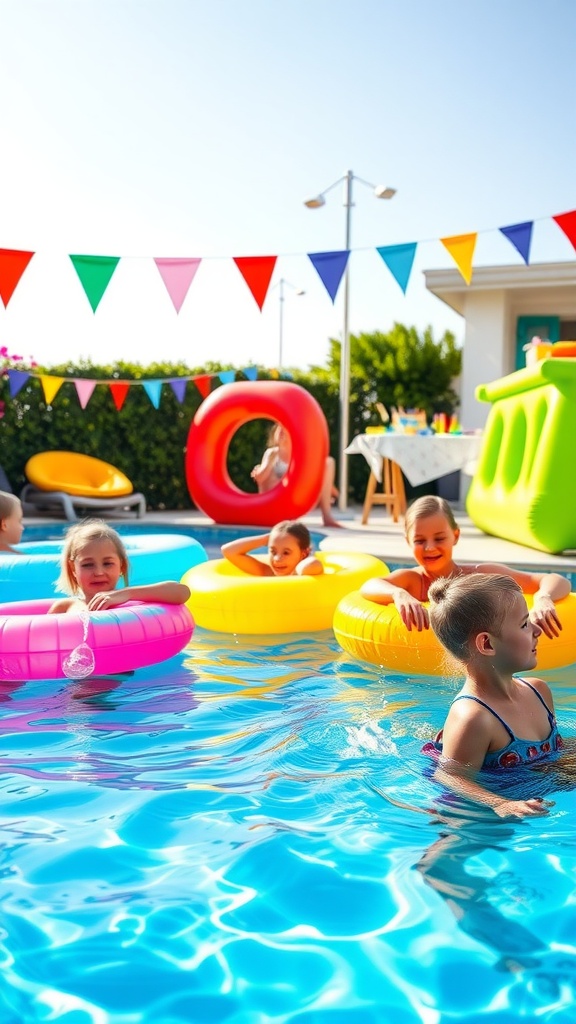 Children enjoying a vibrant pool party with floats and decorations.