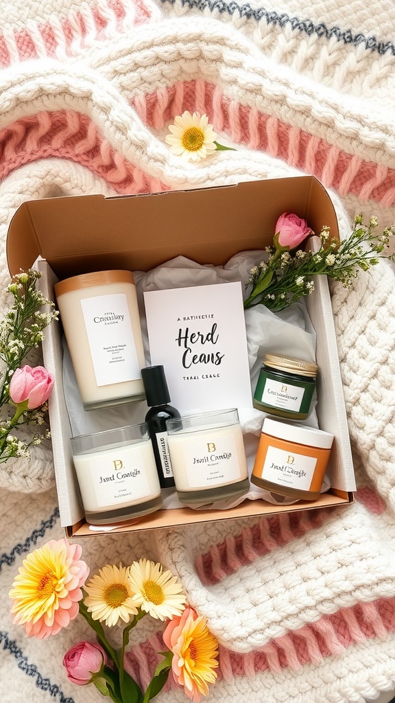 A well-arranged self-care subscription box featuring candles, oils, and flowers.