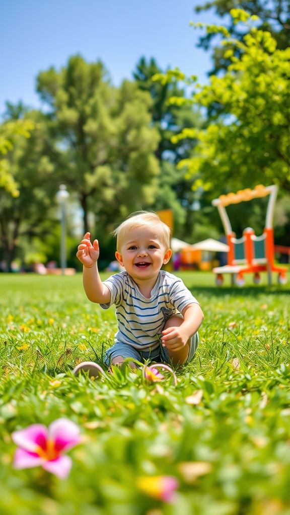A cheerful toddler sitting on the grass, smiling and enjoying a sunny day.