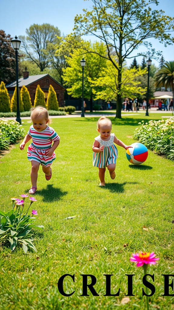 Two toddlers running in a green park, enjoying outdoor playtime.