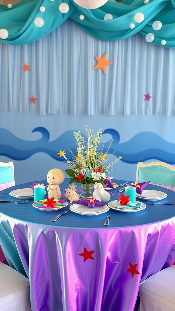 A festive mermaid-themed birthday party table setting with colorful decorations.