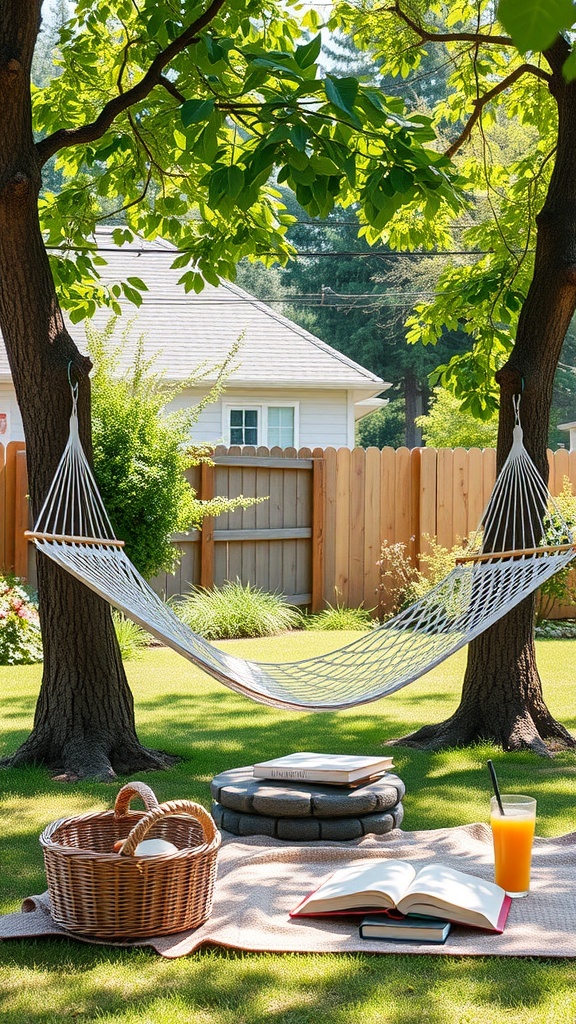 A peaceful outdoor hammock set between two trees in a sunny backyard.
