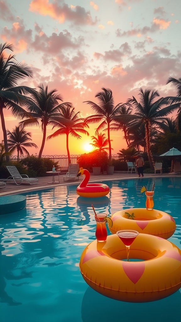 A picturesque pool party scene featuring colorful floats, drinks, and palm trees at sunset.