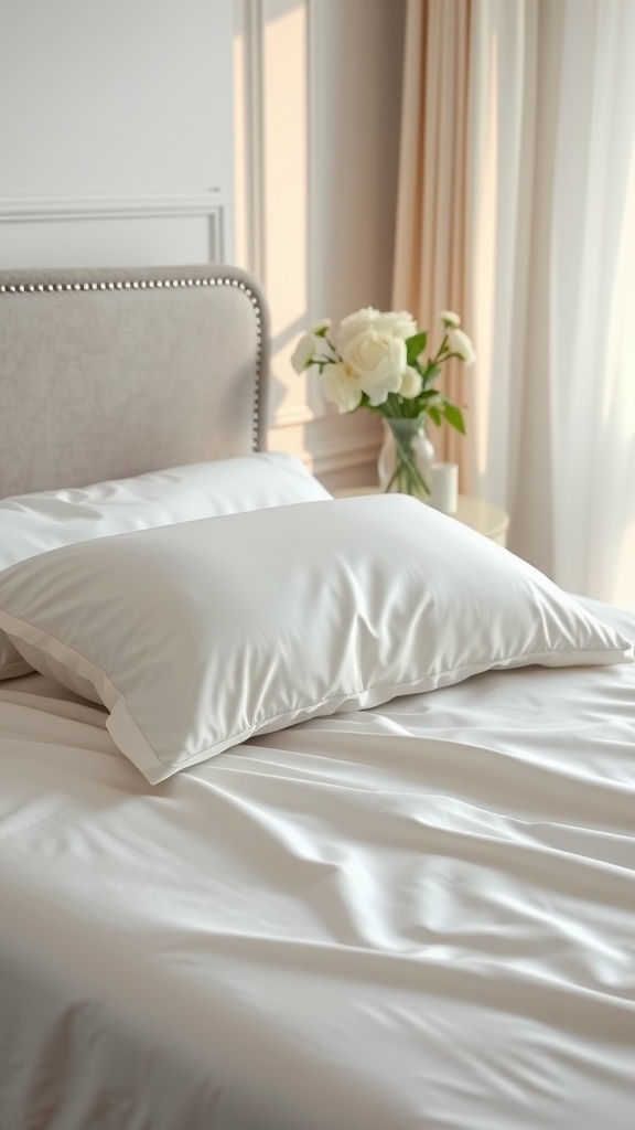 A beautiful silk pillowcase on a bed with a vase of white roses in the background.