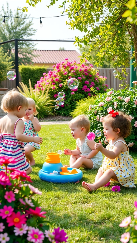 Toddlers playing with bubbles and toys in a garden full of flowers.