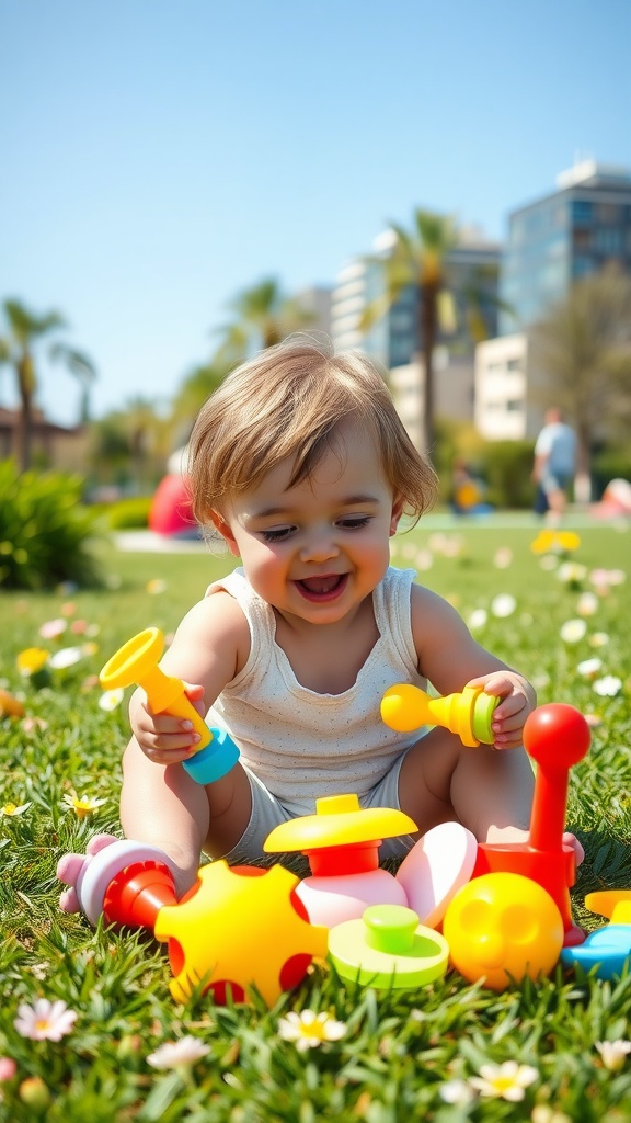 A happy toddler playing with colorful toys on the grass during summer.