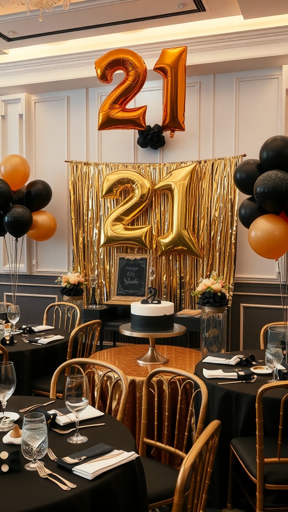 Birthday party setup with gold and black decor, featuring large "21" balloons, a black and white cake, and elegantly set tables.