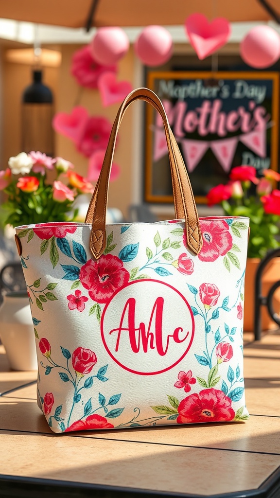 A beautiful customized tote bag with floral patterns and a monogram, set in a cheerful outdoor setting for Mother's Day.