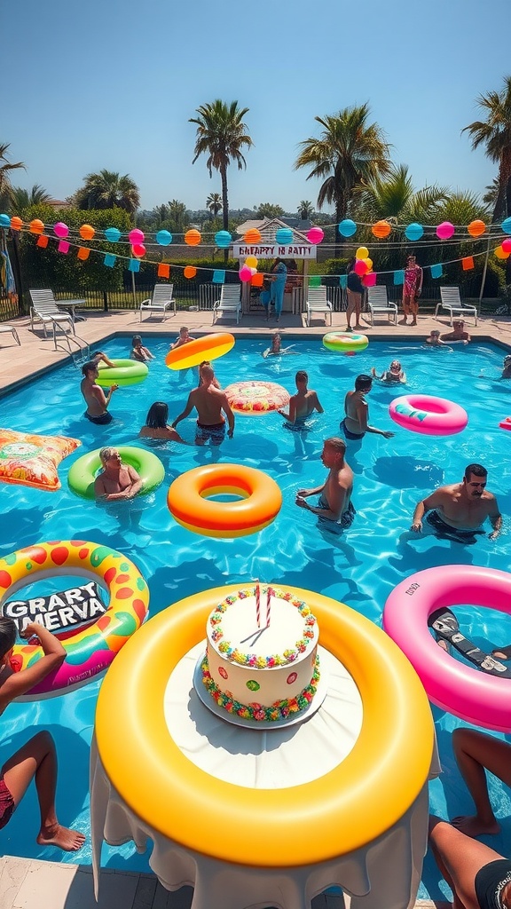 A vibrant pool party scene with colorful decorations, floaties, and a birthday cake.