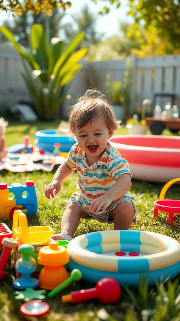 A happy toddler playing with colorful toys in a sunny backyard.