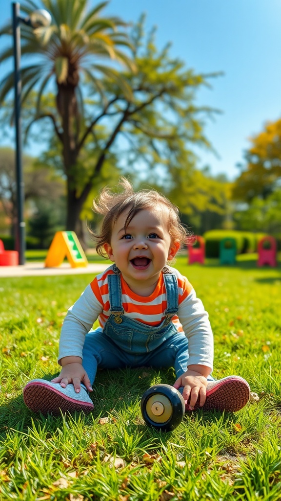 A joyful toddler sitting on the grass in a park.