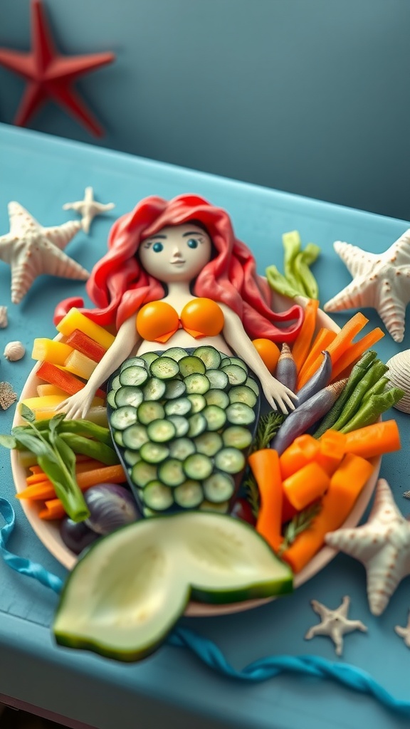 A creative veggie tray shaped like a mermaid, featuring cucumbers, peppers, and other colorful vegetables.