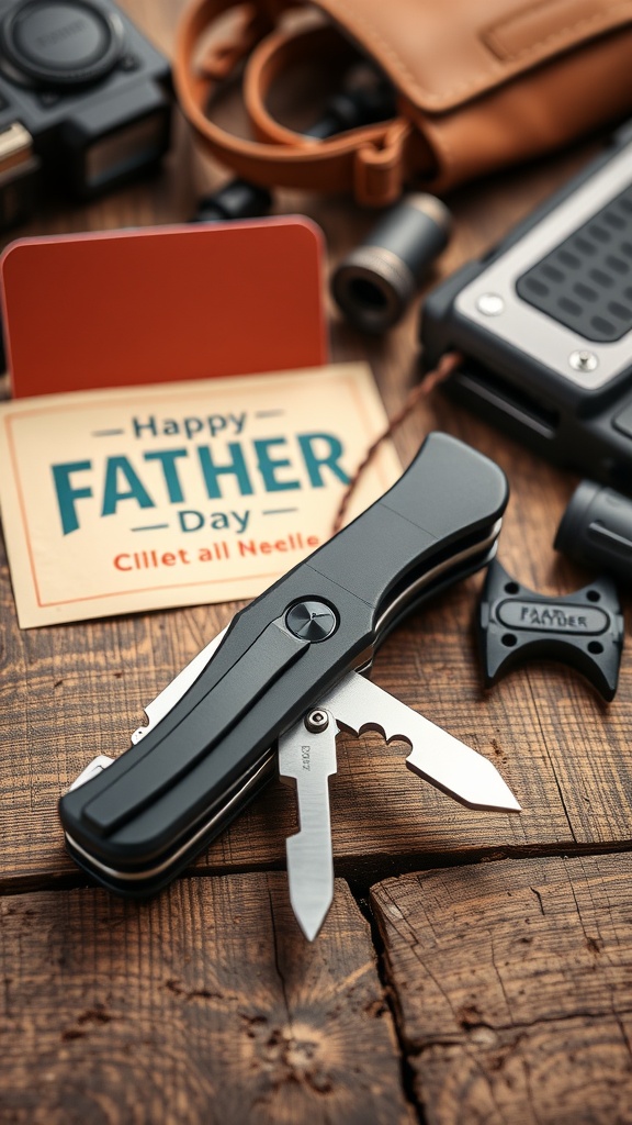 A multi-tool pocket knife with various tools displayed alongside a 'Happy Father Day' card.