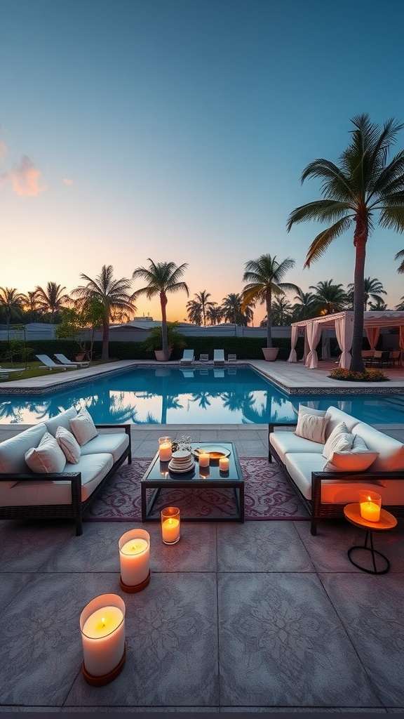 A beautifully set pool area with candles and stylish seating at sunset.