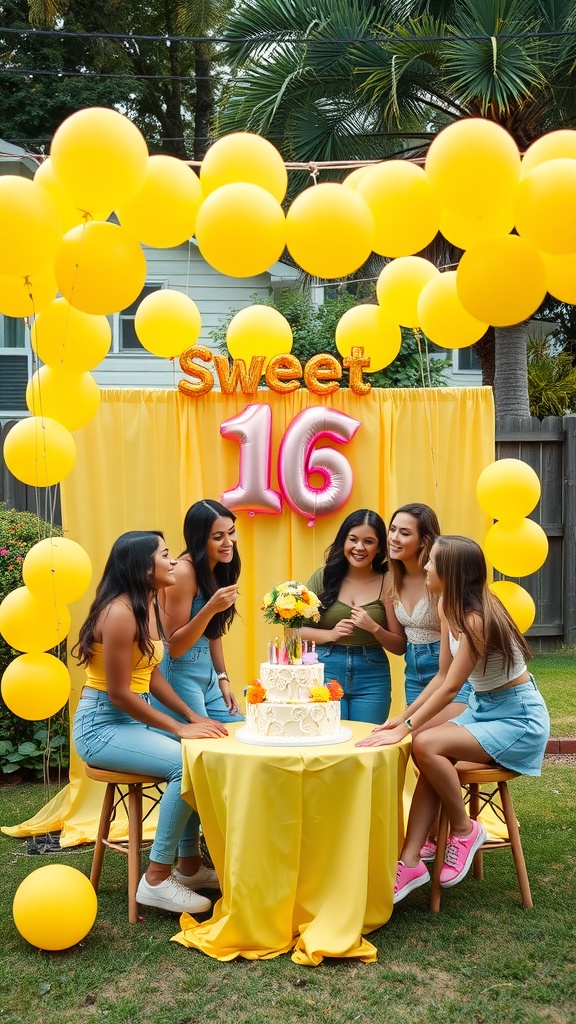 Five young women gathered around a birthday cake at a "Sweet 16" celebration, surrounded by yellow balloons and decorations.