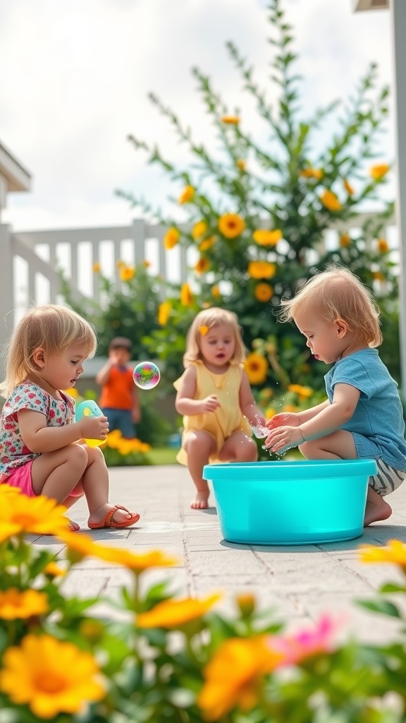 Toddlers playing with water and bubbles in a colorful garden