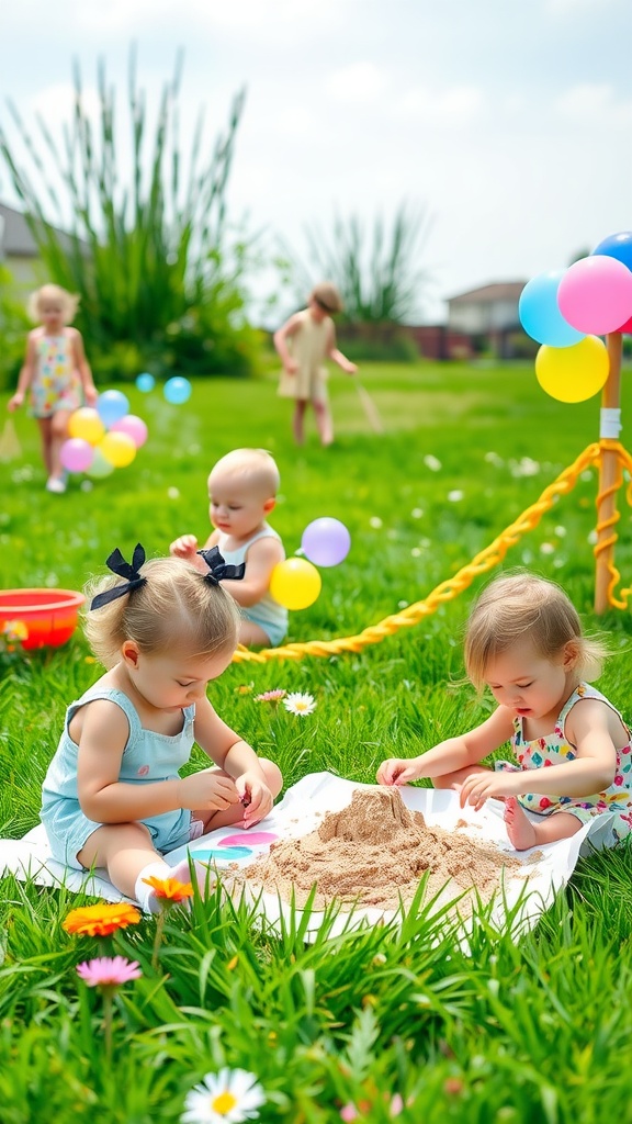 Toddlers playing in a sandbox on a sunny day, surrounded by colorful balloons and flowers.