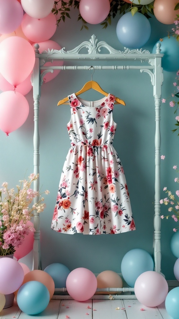 A floral dress hanging in front of colorful balloons and flowers.