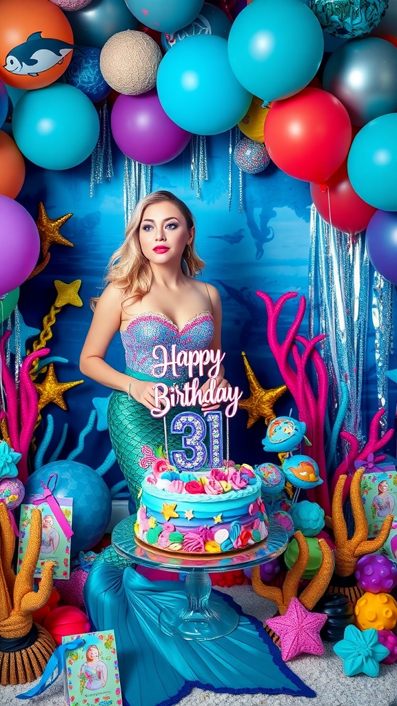 A woman dressed as a mermaid stands by a colorful birthday cake surrounded by festive decorations.