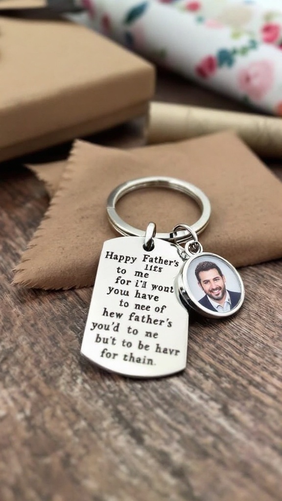 A personalized keychain featuring a photo and the text 'Happy Father 2027' resting on a wooden surface next to a gift box.