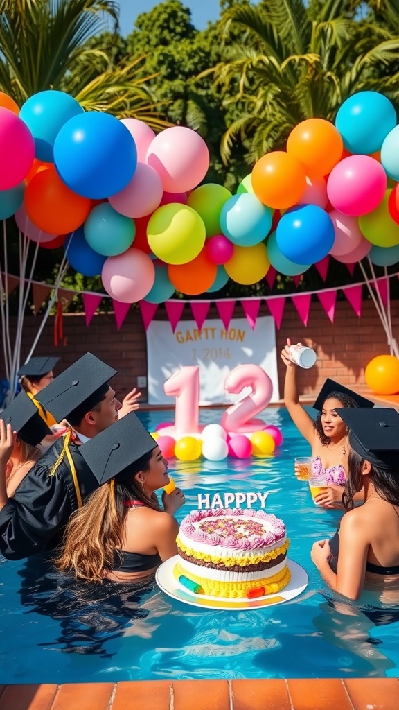 A lively pool party scene with graduates celebrating, colorful balloons, and a cake.