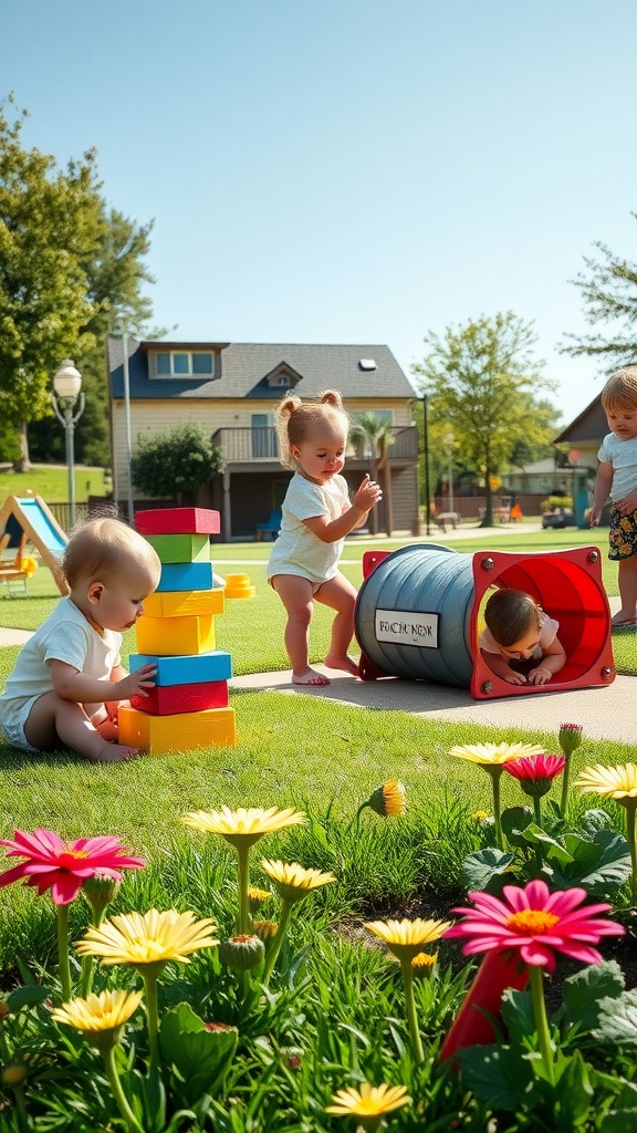 Toddlers playing with colorful blocks and a tunnel on a sunny day