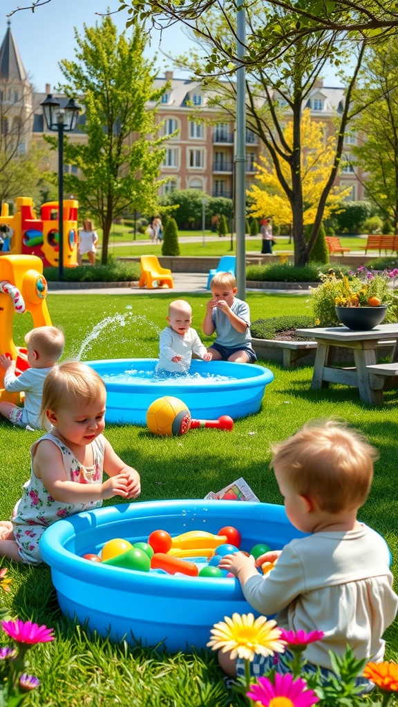Toddlers playing in kiddie pools outdoors with colorful toys.