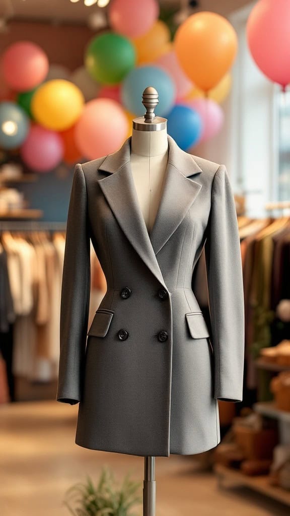 A stylish gray blazer dress on a mannequin in a shop with colorful balloons in the background.