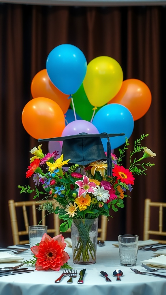 Colorful centerpiece with flowers, balloons, and a graduation cap.