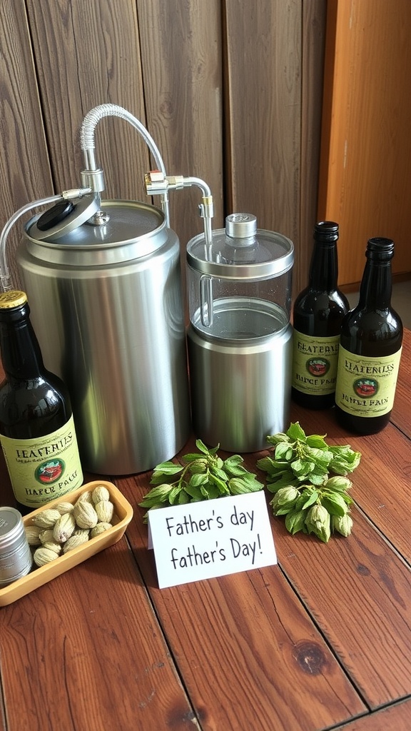 A home brewing kit with materials for making beer, featuring hops, bottles, and signs that say 'FATHER'S DAY!' and 'HAPP'S PAIK'.